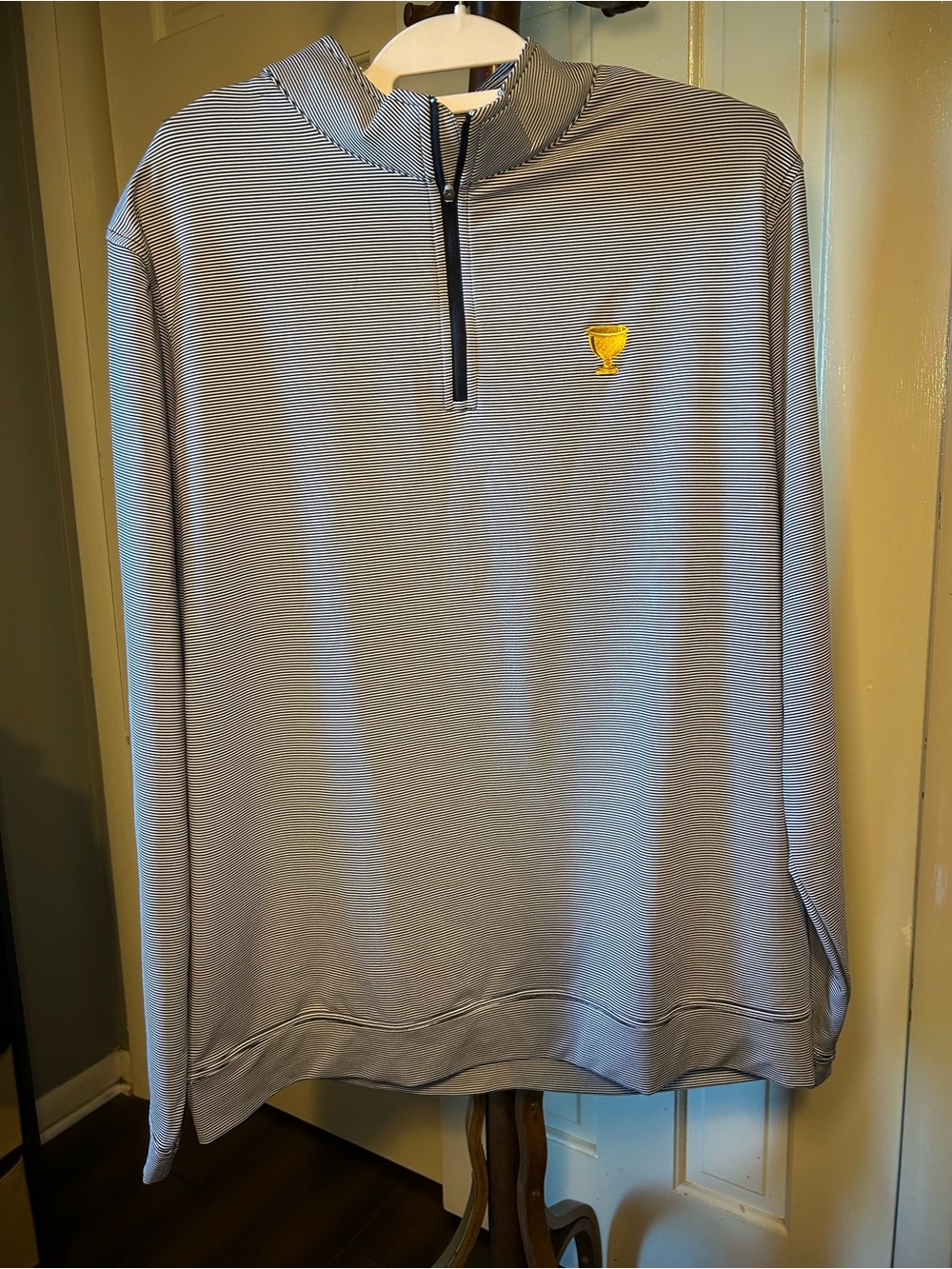 Peter Millar Light Blue Quarter-Zip Pullover with Yellow Trophy Emblem